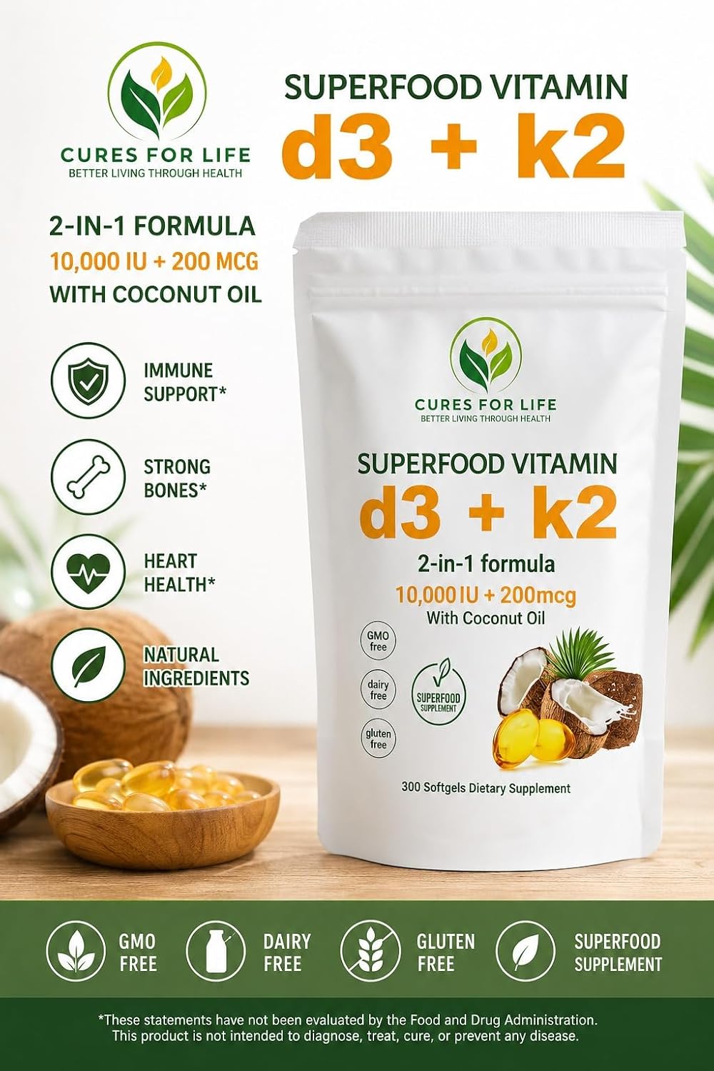 Cures For Life Vitamin D3 + K2 – 2-in-1 Dietary Supplement with Coconut Oil, 300 Softgels
