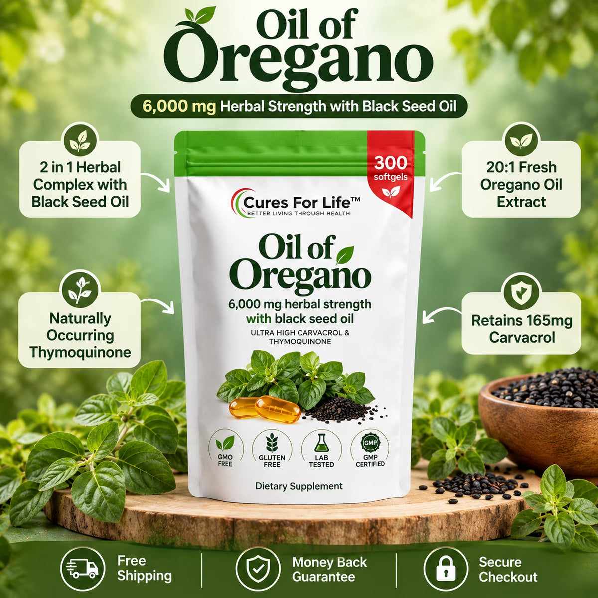 Cures For Life Oil of Oregano with Black Seed Oil 6000mg + Mushroom Coffee Bundle | 300 Softgels & 30 Servings