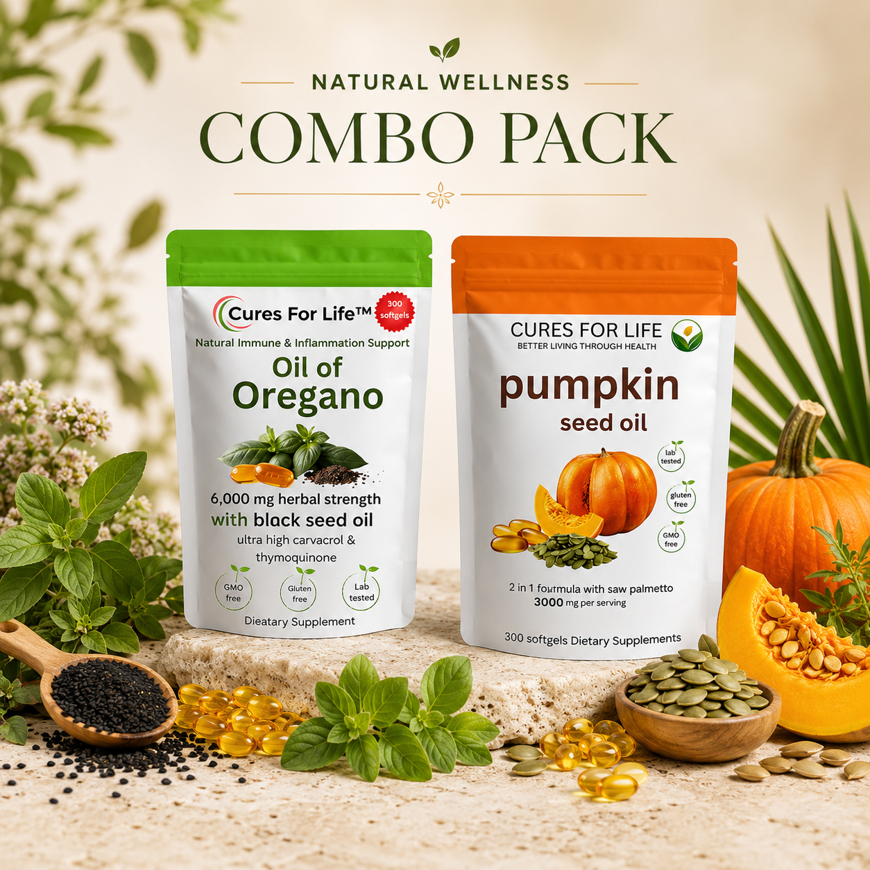 Oil of Oregano Softgels & Pumpkin Seed Oil Softgels Combo | Immune + Hair Support