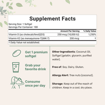 Vitamin D3 + K2 – 2-in-1 High Potency Formula – 300 Softgels