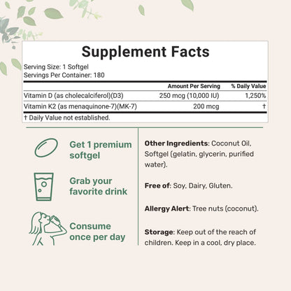 Vitamin D3 + K2 – 2-in-1 High Potency Formula – 300 Softgels