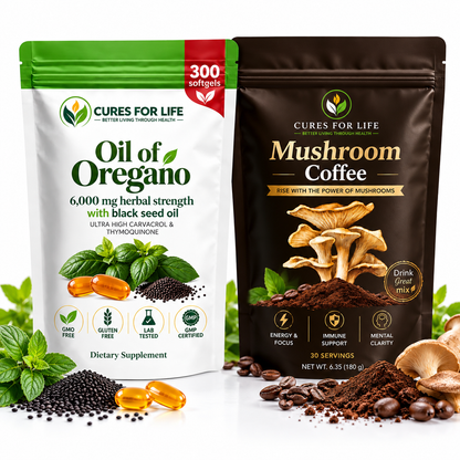 Cures For Life Oil of Oregano with Black Seed Oil 6000mg + Mushroom Coffee Bundle | 300 Softgels & 30 Servings