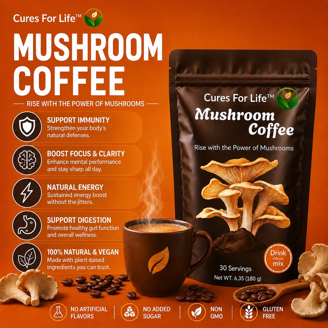 Cures For Life™ Mushroom Coffee with Lion's Mane, Chaga & Cordyceps – Arabica Blend