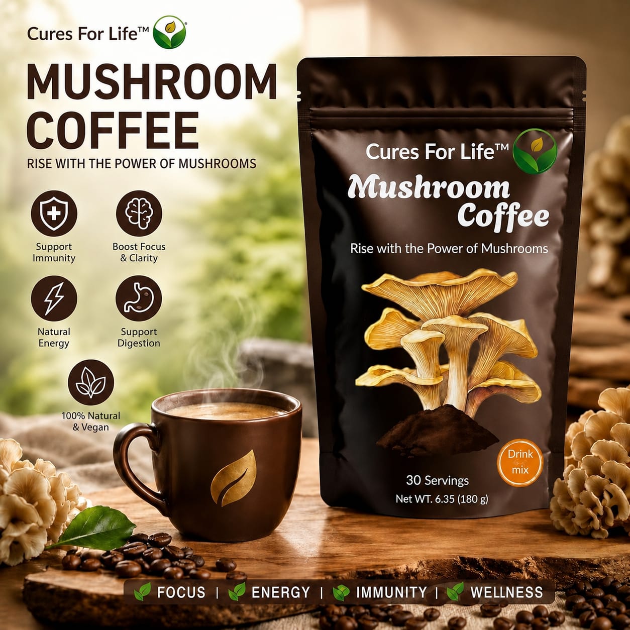 Cures For Life™ Mushroom Coffee with Lion's Mane, Chaga & Cordyceps – Arabica Blend