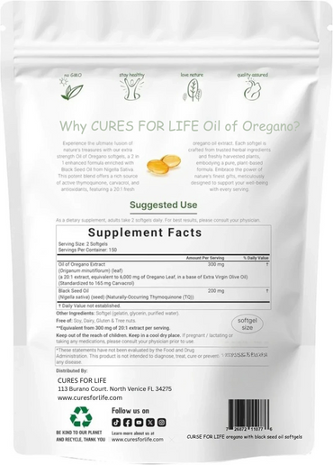 Cures For Life™ Oil of Oregano with Black Seed Oil – 300 Softgels