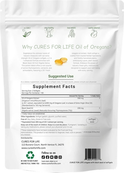 Cures For Life™ Oil of Oregano with Black Seed Oil – 300 Softgels