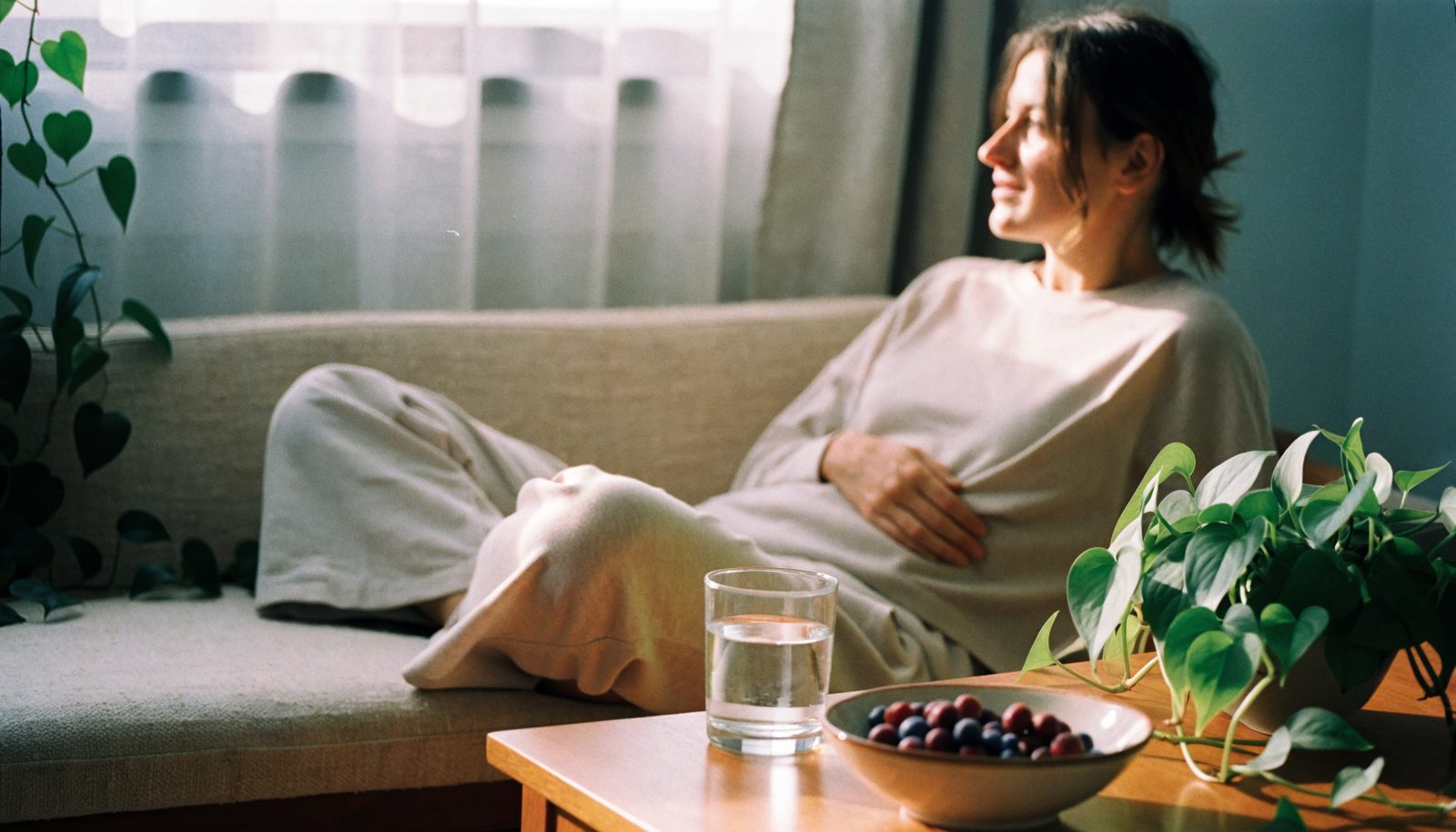 Woman relaxed on a sofa feeling comfortable