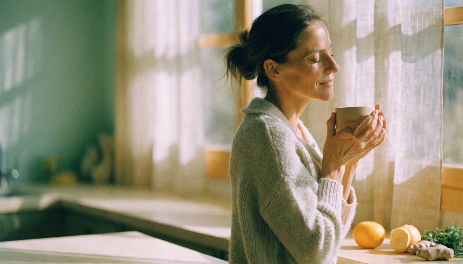 Woman with a warm mug in a sunlit kitchen