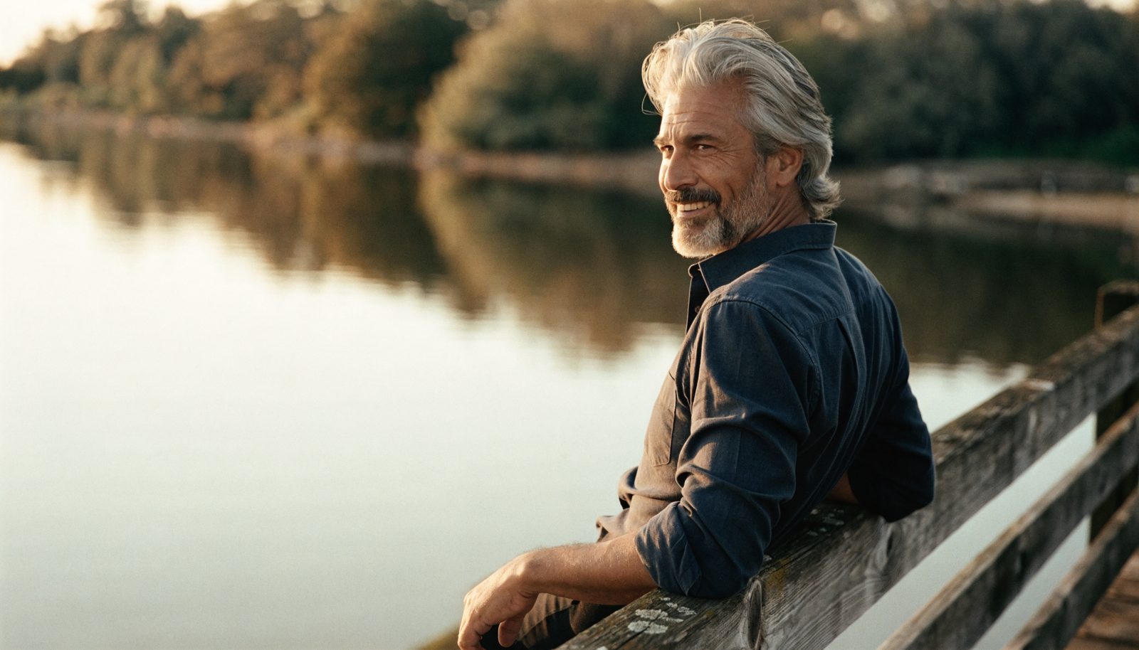 Confident man by the water