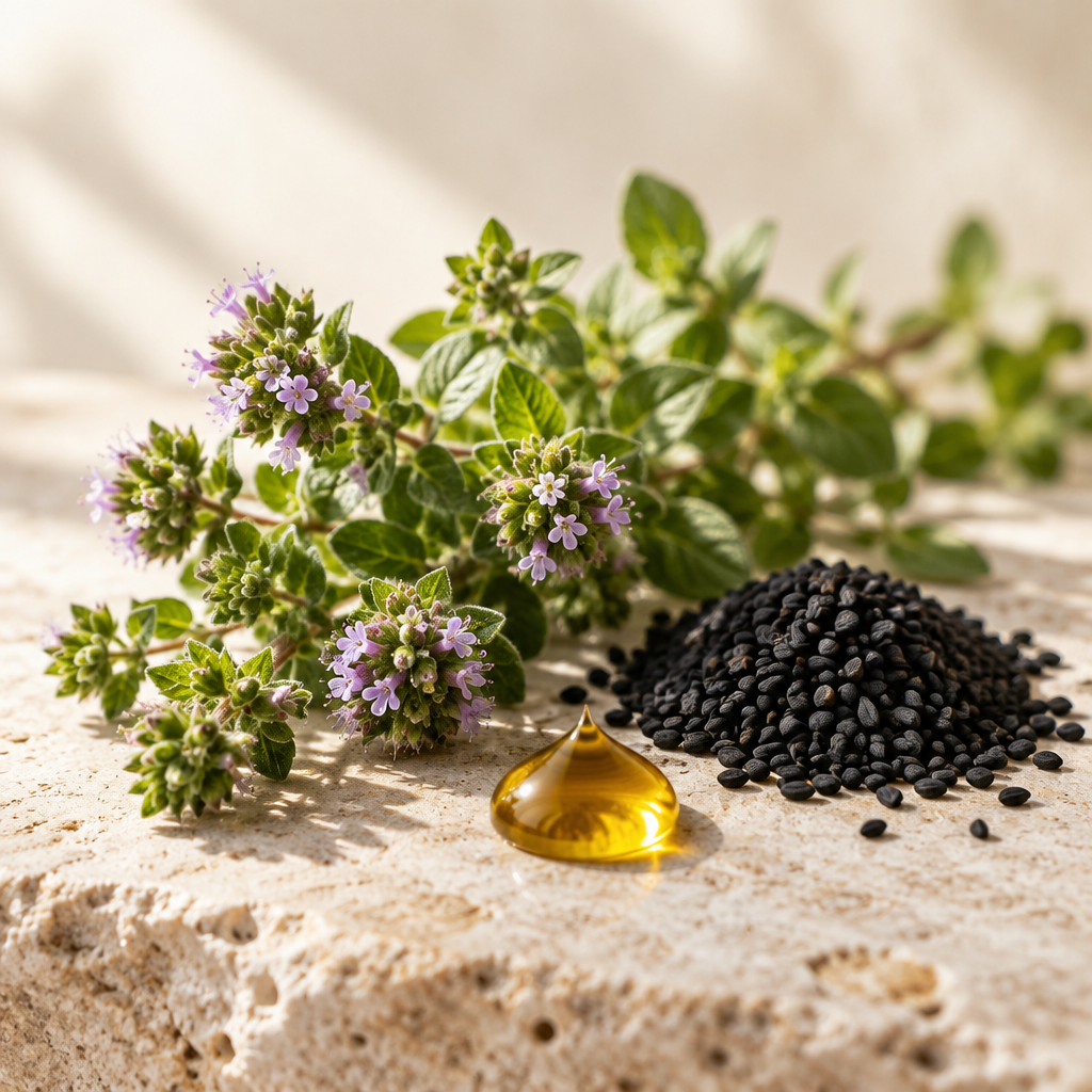 Wild oregano sprigs with black seeds and a drop of oregano oil
